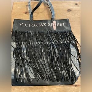 NWT Victoria’s Secret Black Pink Fringe Overnight Bag Travel Snap closure OS